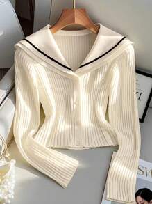 GlowEve 海军领杏色针织开衫，女款，秋冬 - 杏色 - 查看 1