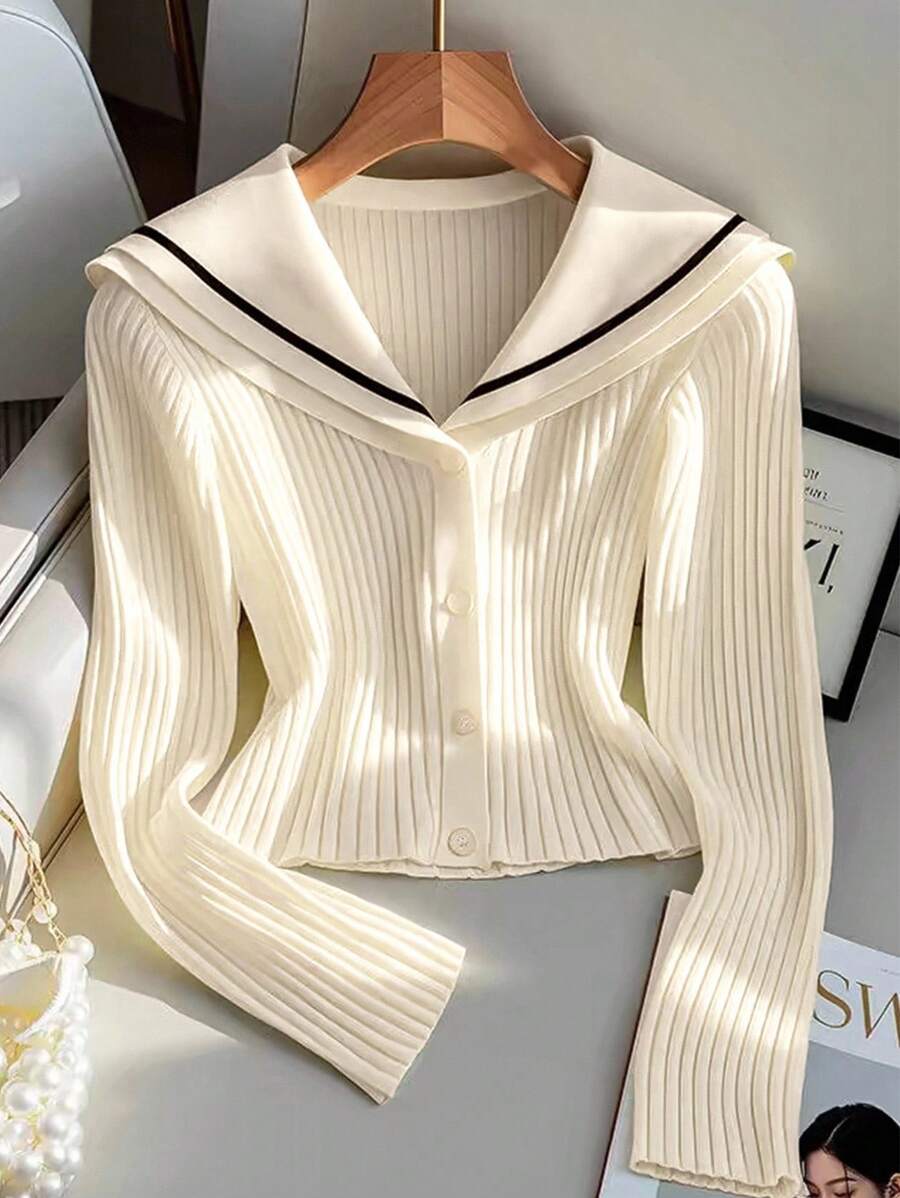 GlowEve Áo len cardigan dệt kim màu mơ cổ xanh navy dành cho nữ, mùa thu/đông - Màu be - Xem 1