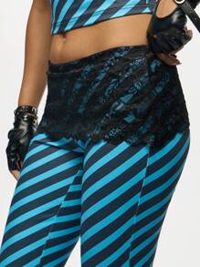 SUMWON WOMEN 斜条纹蕾丝边阔腿裤晚会长裤复古俱乐部服装时尚个性下装秋冬场合魅力 - 藍色 - 查看 4