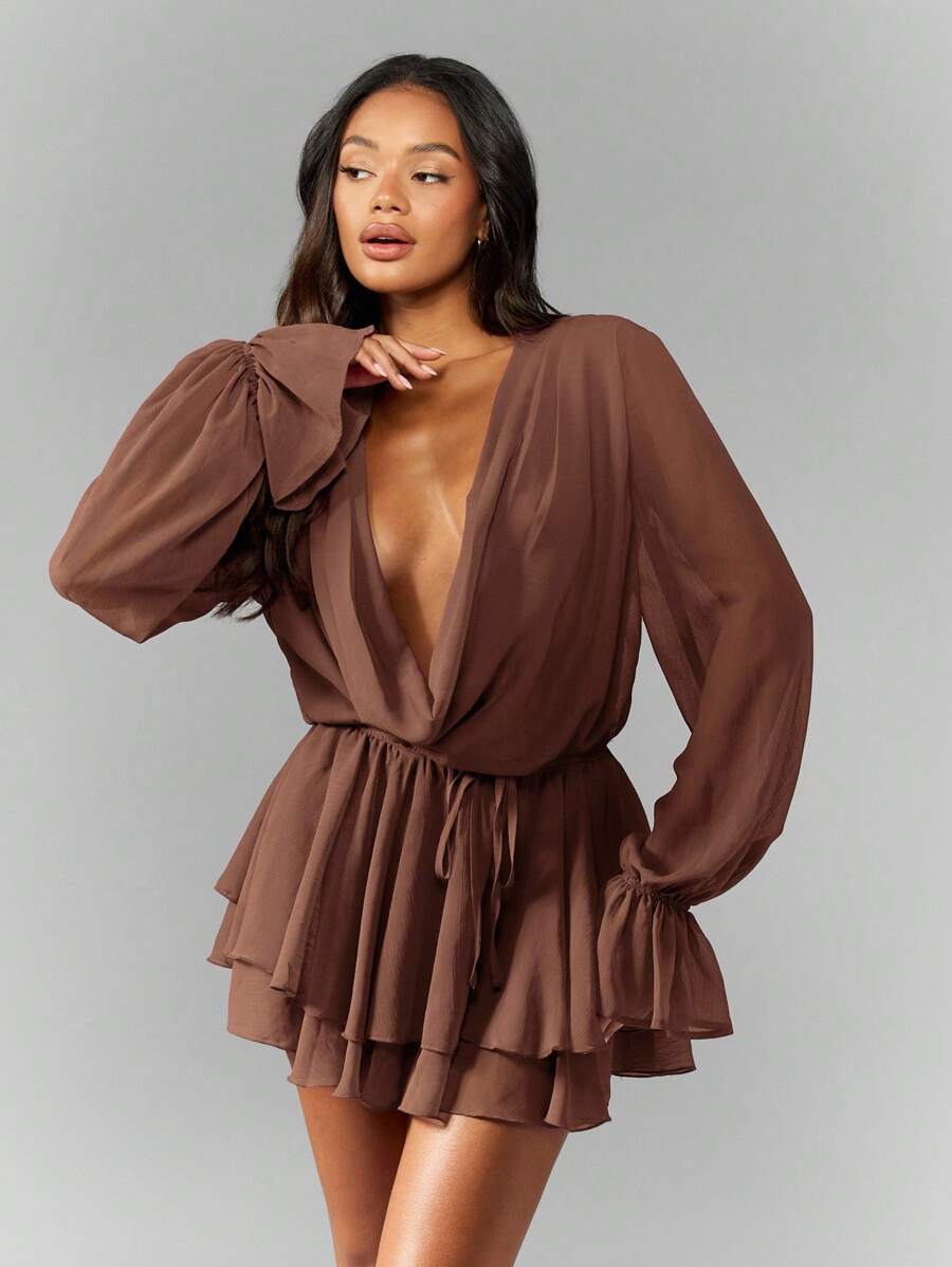 MISSGUIDED Chiffon Mini Party Dress Plunge Neck Long Puff Sleeve Tiered Ruffle Skirt Wrap Style Holiday Evening Fall Wedding Guest - Brown - View 1