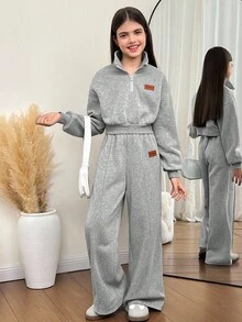 SHEIN Tween Girl Loose Casual Minimalist Comfortable Cropped Sweatshirt And Pants Set Fall Winter
