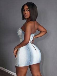 Slaydiva Váy yếm denim mini ôm sát, rách gợi cảm dành cho nữ, mùa hè - Rửa nhẹ - Xem 3