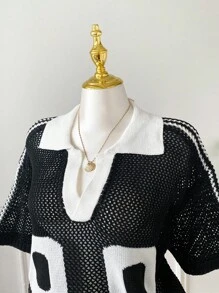 SHEIN EZwear 大码女式数字图案短袖镂空针织上衣 - 黑色 - 查看 6