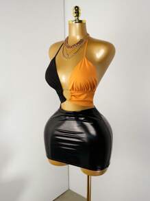 Zolique Two Tone O-Ring Detail Backless Knot Halter Top Graphic Tees Women Tops - Multicolor - View 5