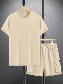 Manfinity EMRG Conjunto de camiseta casual de manga corta con cuello redondo y unicolor para hombres en verano, y pantalones cortos de carga con cordón en la cintura