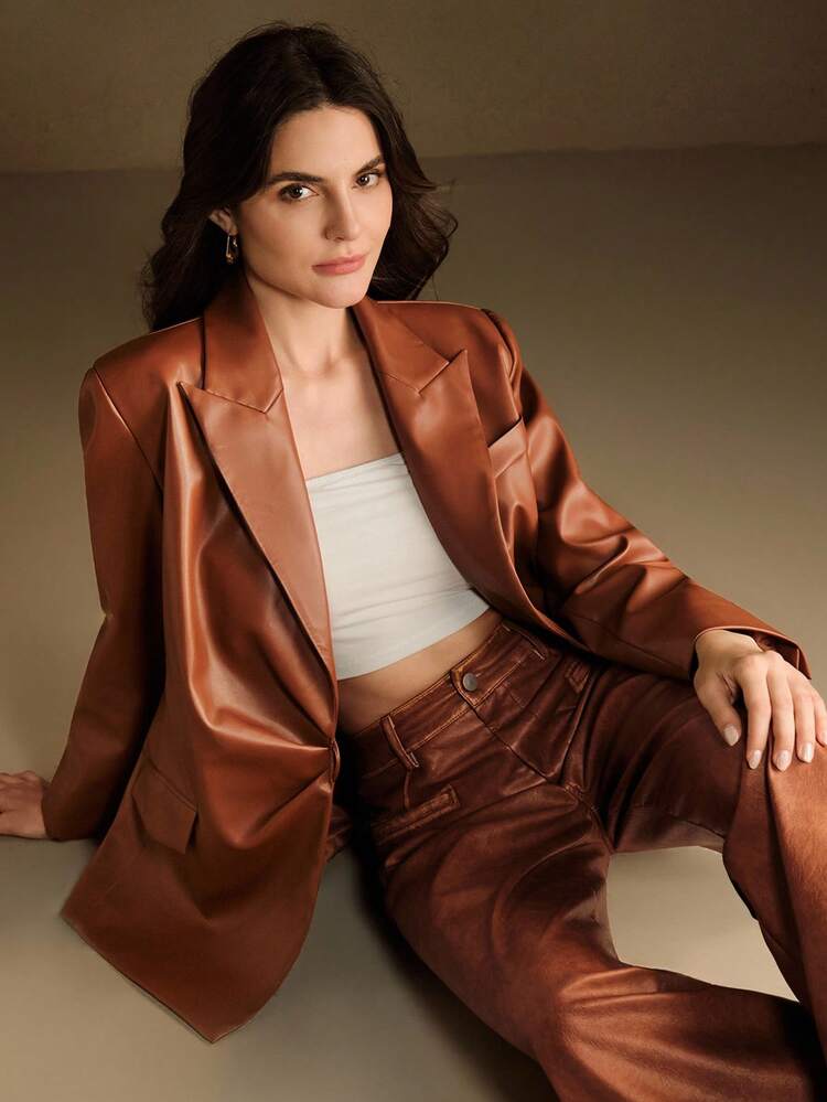 Women's Brown Pleated Tie Waist Pocket Glossy PU Leather Elegant Blazer, Autumn/Winter