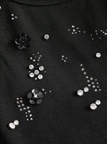 SHEIN Unity Women's Black Cotton-Blend Stretch Tank Top,Handcrafted Beaded 3D Floral Embellishments Summer Elegant Brunch Country Concert Punk Homecoming Tops - Black - View 2