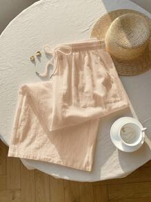 Comfortcana Plus Size Women Casual Solid Color Wide Leg Pants - Apricot - View 3