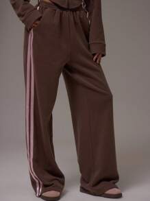 MUSERA Wide Leg Contrast Side Seam Joggers Casual Airport Loungewear Back To School Pants Sweatpants Spring - Brown - View 2