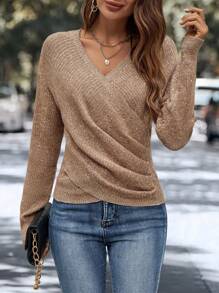 Calvaya 交叉圍裹落肩袖套頭毛衣