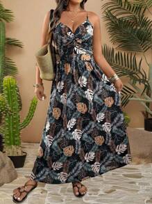Breezaya 女式休闲度假风格花卉印花吊带背心连衣裙 - 黑色 - 查看 1