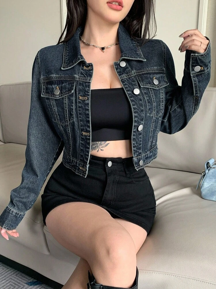 Women's Casual Loose Denim Jacket With Large Pockets, Short Cropped Streetwear Style Long Sleeve Outerwear, Suitable For Autumn And Winter