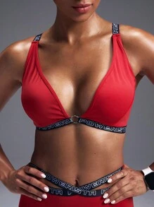 Powerista Sujetador deportivo casual con espalda descubierta y tirantes con letras para mujer - Rojo - Ver 2
