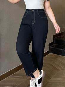 DAZY 大码女式深蓝色水洗弹力修身直筒九分牛仔裤，四季皆宜的百搭休闲裤 - 深色水洗藍 - 查看 8