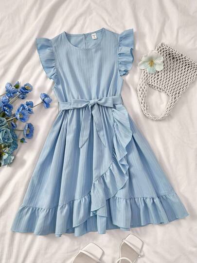 SHEIN Teen Girls' Casual Everyday Jacquard Light Blue Ruffle Waist Bow Knot Flare Dress Kids Ruffle Dress Girls Blue Dress Dusty Blue Kids Dress Girl Ruffle Dress Blue Ruffle Dress Flounce Teen Dress Bow Waist Dress
