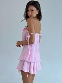 Aloruh Váy ngắn bandeau họa tiết hoa một bên vai ngọt ngào và cay nồng dành cho nữ, viền nhún bèo, quần short an toàn tích hợp để tránh hở hang - Hồng - Xem 3