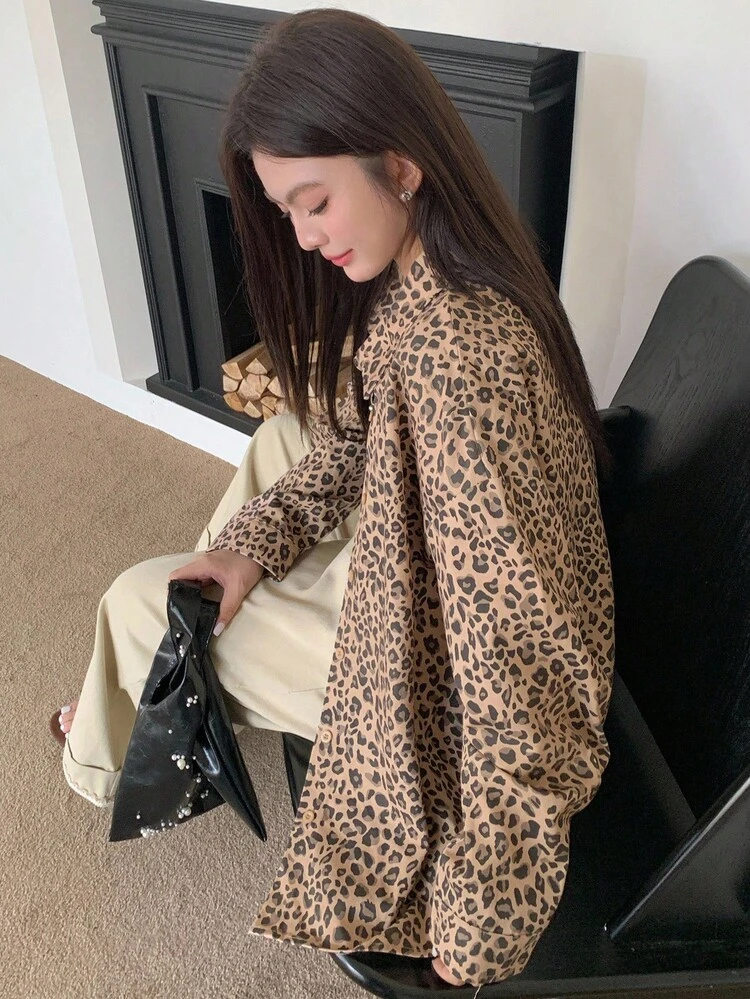 Dazy Plus Leopard Print Lapel Loose Long Sleeve Street Style Open Front Plus Size Women Shirt