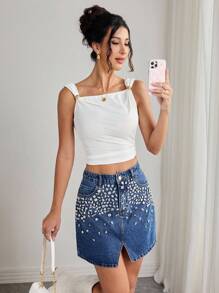 Elenzga Women's Pocketed Handmade Rhinestone Slit Dark Washed Denim Midi Skirt ,Casual Elegant Lady - Dark Wash - View 5