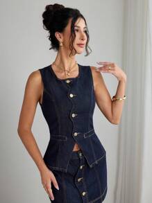 Elenzga Women's Ruffled Collar Sleeveless Washed Denim Blouse ,Casual Elegant Lady - Dark Wash - View 5