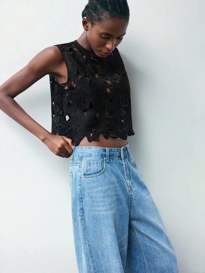 Maija 女士优雅水溶蕾丝 A 字背心，休闲罩衫，适合度假、海滩、商务休闲、波西米亚风格上衣、度假