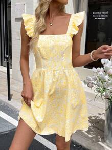 SHEIN LUNE Women's Casual Bow Print Tie Back Mini Dress With Flutter Sleeves - Yellow - View 7