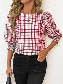 SHEIN Clasi Áo sơ mi nữ cổ tròn tay lửng dáng rộng thoải mái - Đỏ - Xem 5