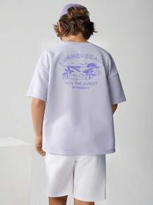 JNSQ Back To School Casual Street Style Graphic Print Sweatshirts & T-Shirts For Tween Girls And Boys, Loose Fit, Japanese Inspired, Suitable For Early Autumn Daily Wear, Outdoor Activities, Vacation, Street Style, Party And Leisure - Purple - View 1