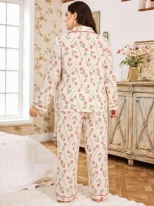 CottageSlumber Floral Print Lapel Top & Pants Plus Size Pajama Set Women Pajama Set Floral Pajama Set Sleepwear, Fall Winter Clothes - Multicolor - View 3