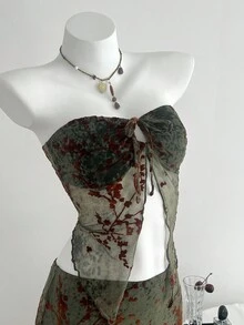 SHEIN Unity 绿色植绒面料性感露背短款上衣和紧身鱼尾裙两件套，时尚欧美风海滩度假风 - 綠色 - 查看 1