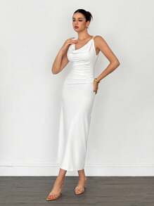 SHEIN Tall Vestido blanco de mujer con cuello asimétrico, cintura fruncida y longitud media, vestido elegante y sexy para ir al trabajo, vacaciones, elegante, sexy, playa, Hawái, temporada de bodas, graduación. Vestidos blancos para mujer, vestido ajustado, graduación, atuendos de maestra, vestido de maestra