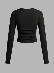 SHEIN EZwear 3 件套女士休闲纯色圆领褶皱长袖 T 恤，黑色、白色、粉色，秋冬 - 彩色 - 查看 7