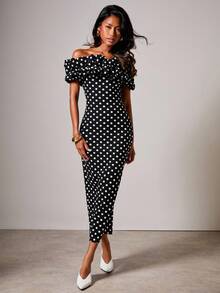 COSMINA 女士波尔卡圆点印花荷叶边露肩修身优雅中长连衣裙 - 黑與白 - 查看 3