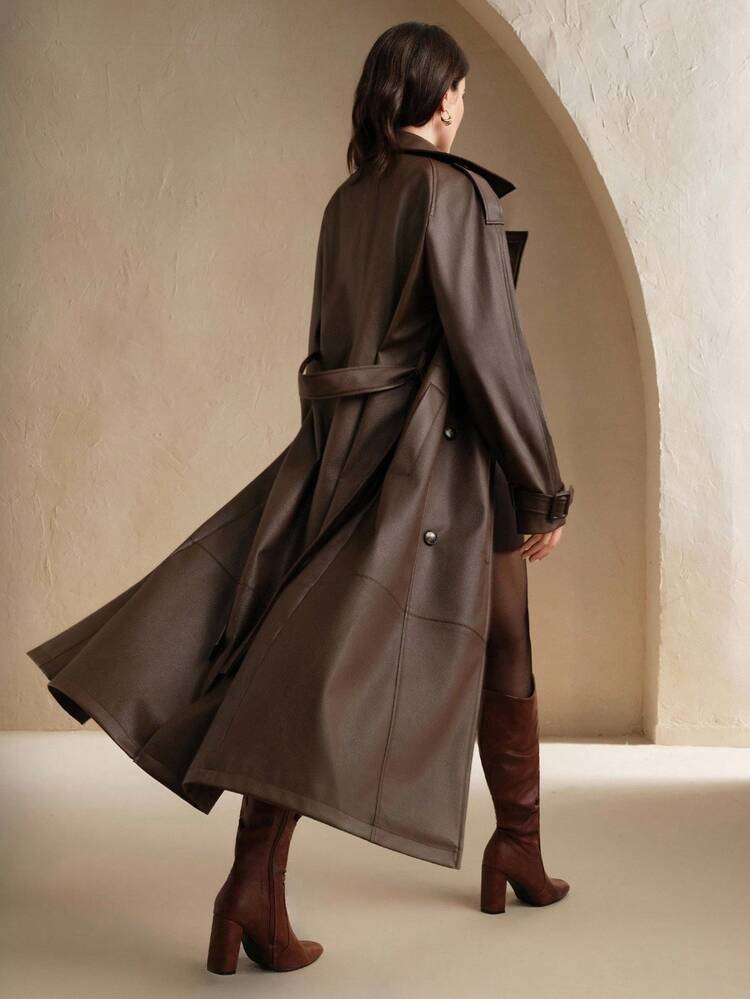 Women's Solid Color Long Sleeve Lapel NeckFashion Loose Elegant PU Leather Long Windbreaker Jacket, Autumn