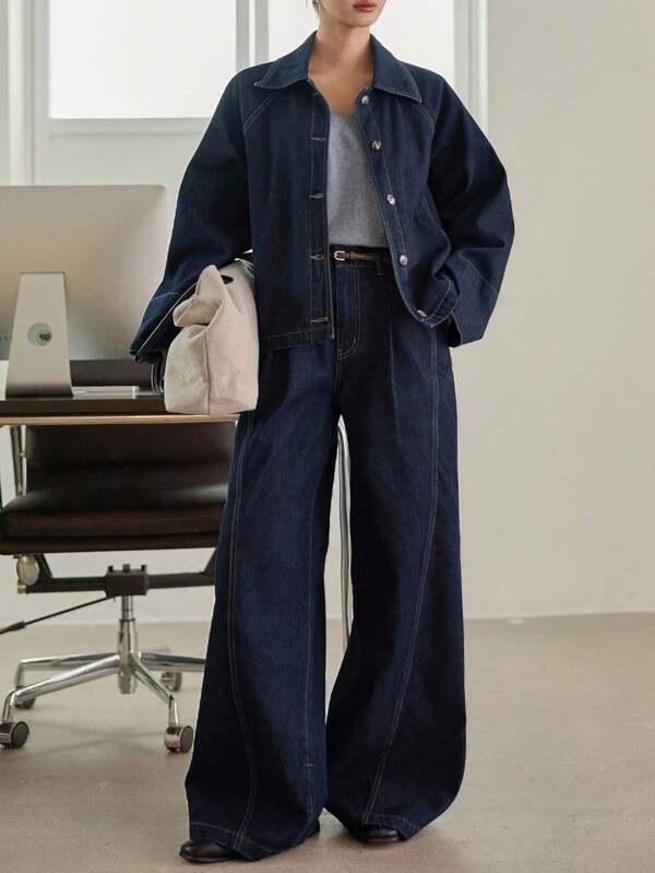 Dazy-Less Women's Casual Business Denim Suit Set, Featuring Striped Cuff, Color Block, Loose Fit, Long Sleeve, Suitable For Autumn And Winter,Fall Women Clothes