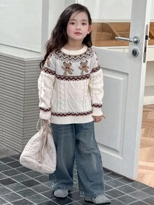 DAZY 少女卡通图案圆领休闲长袖毛衣 秋冬 - 杏色 - 查看 6