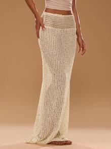 SHEIN BAE Falda de punto de diseño hueco de unicolor y extra larga de moda para mujer - Albaricoque - Ver 6