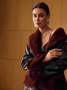 MOTF PREMIUM PU LEATHER PATCHWORK FAUX FUR COLLAR BELTED COAT FOR WOMEN - Black - View 7