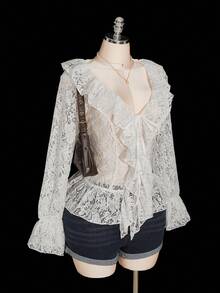 SHEIN ICON 大码女式优雅V领荷叶边蕾丝长袖衬衫，秋季，日期 - 白色 - 查看 5