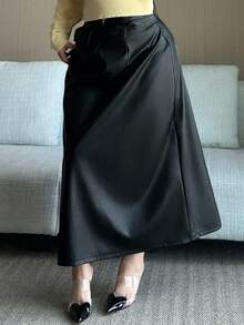 Dazy Plus PU Leather Waistband Design Fitted Long Straight Skirt, Plus Size For Autumn/Winter - Black - View 4