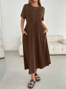 Shapeblank Plus-Size Women's Summer Dress, Short-Sleeved Dress, Black Dress, Casual Women's Clothing Summer Dresses For Women Holiday Dress - Brown - View 5
