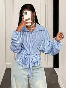 BamGleam 女士休闲性感条纹腰衬衫 - 藍色 - 查看 5