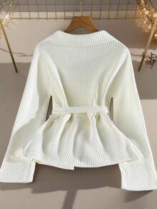 SHEIN Franclia Women's Solid Color Pocket Button Decor Long Sleeve Knitted Cardigan, Autumn/Winter Fall Cloth For Women - White - View 2