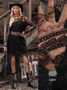 LanaWest Halloween Costume Black Round Neck Lace Long Sleeve Hollow Tassel Camisole Women's Western Casual 2 Pieces Set Fall Cloth For Women - Black - View 1