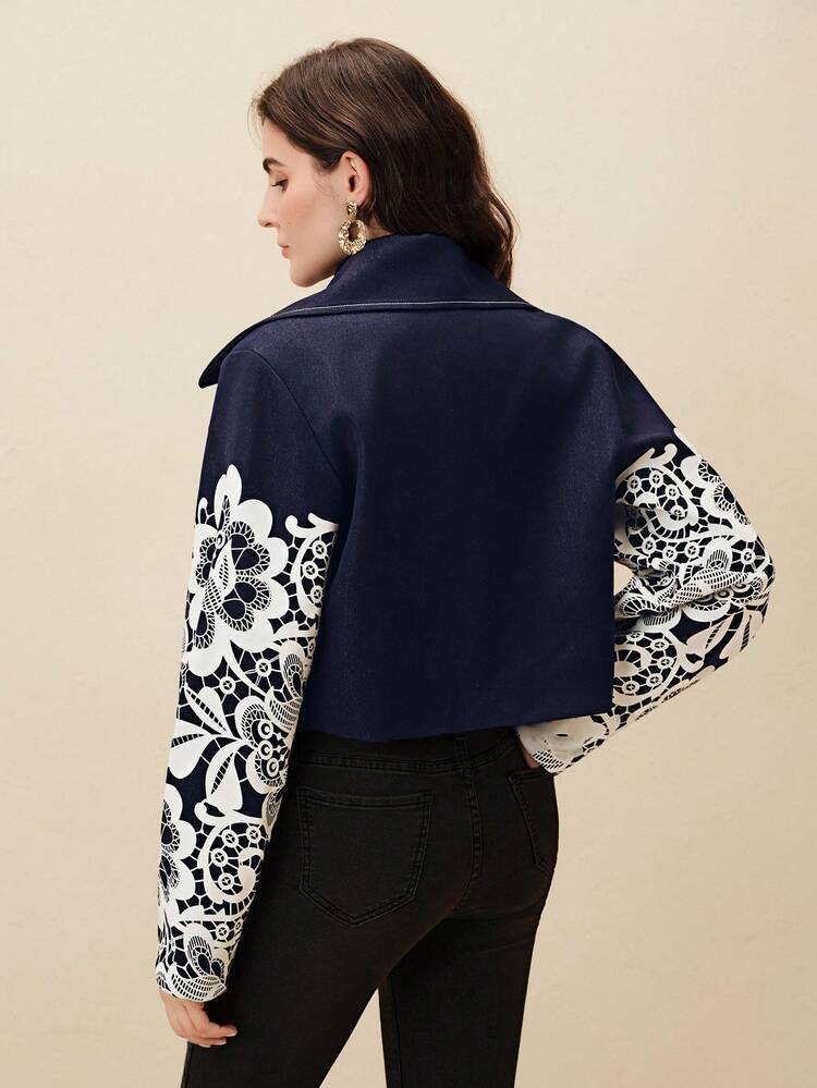 Women's Personalized Positioning Silkscreen Splice Long Sleeve Short Jacket, New Autumn/Winter Design