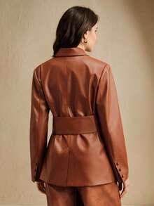 Anewsta Women's Brown Pleated Tie Waist Pocket Glossy PU Leather Elegant Blazer, Autumn/Winter - Brown - View 2