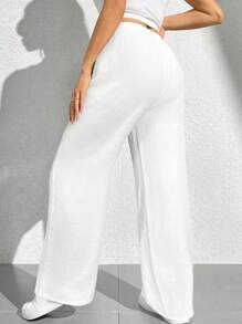 Pantalones de pierna ancha largos con cinturón y unicolor - Blanco - Ver 2