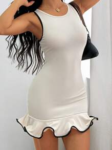 SHEIN PETITE Women's Ruffle Hem Sleeveless Mini Dress - Apricot - View 7