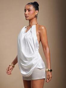 Hauture Women's White Satin Front Drape With Gold Ring Neck Detail Summer Sexy Night Out Dress - White - View 4
