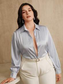 Anewsta Plus Size Women's Solid Color Rhinestone Embellished Collar Commuter Shirt - Blue - View 6