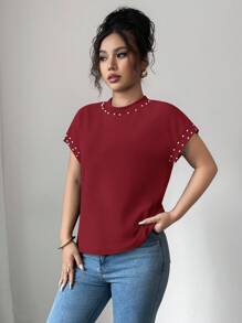 Elenzga Camiseta Feminina de Gola Redonda e Manga Curta Preta com Pérolas Bubble - Vinho - Visão 6